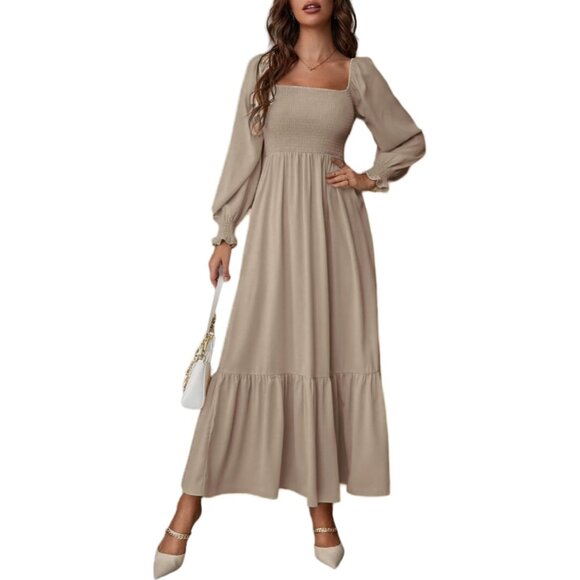 Women's Casual Maxi Dress Square Neck Long Sleeve Ruffle Shirred Flowing - Picture 1 of 7